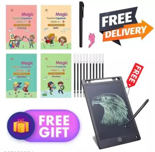 Combo Offer Of (4 Sank Magic Book +10 Refill +1 Grip + LED Magic Writing Tables) (Sank Automatic Ink Remove In Seconds) (Pack Of 2 Sank+Tablet)