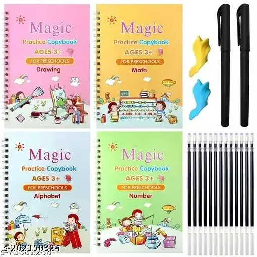 Combo Offer Of (4 Sank Magic Book +10 Refill +1 Grip + LED Magic Writing Tables) (Sank Automatic Ink Remove In Seconds) (Pack Of 2 Sank+Tablet)